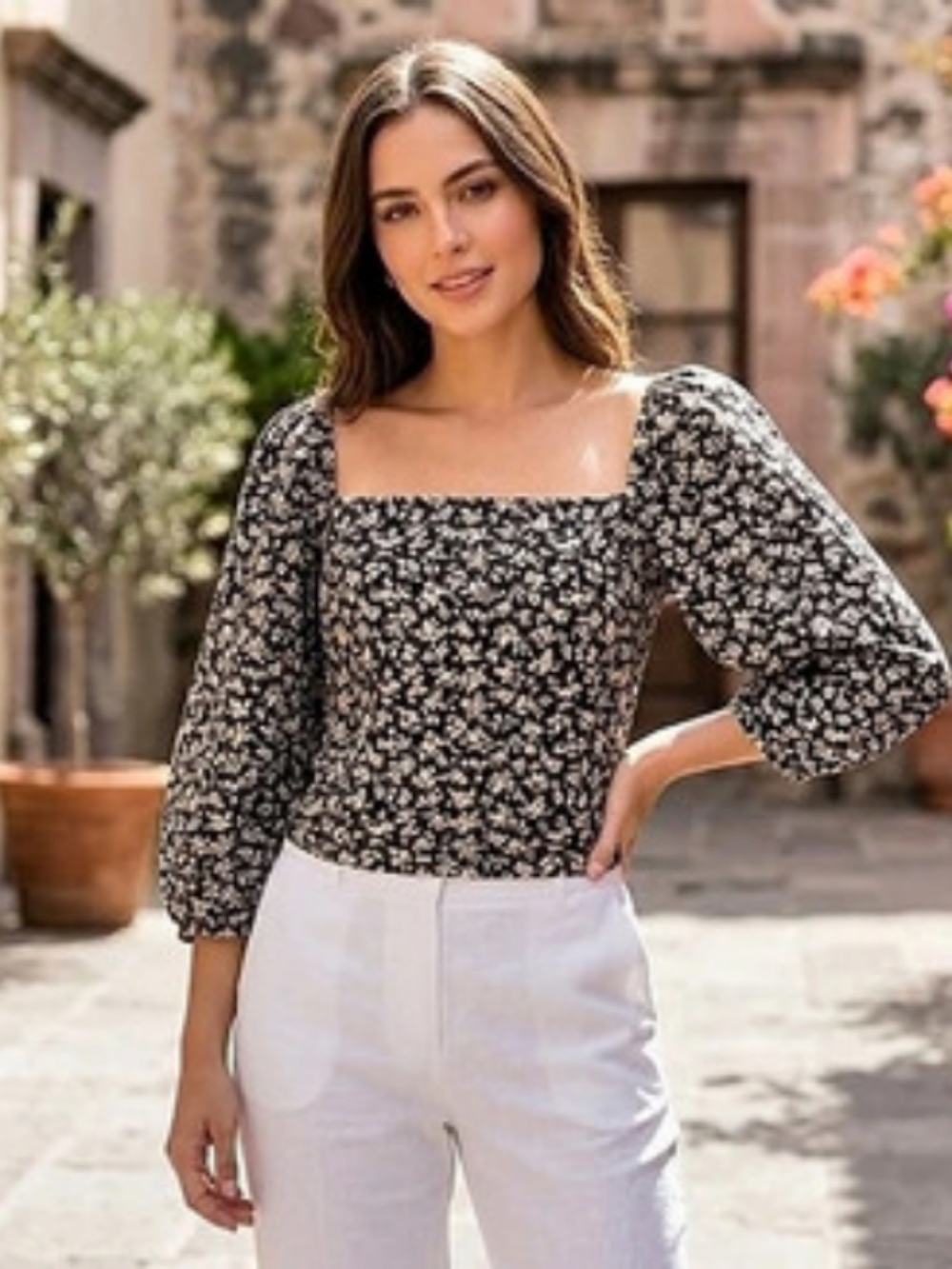 Levi's Floral Puff Sleeve Square Neck Smocked Back Blouse Top XL Black Cream